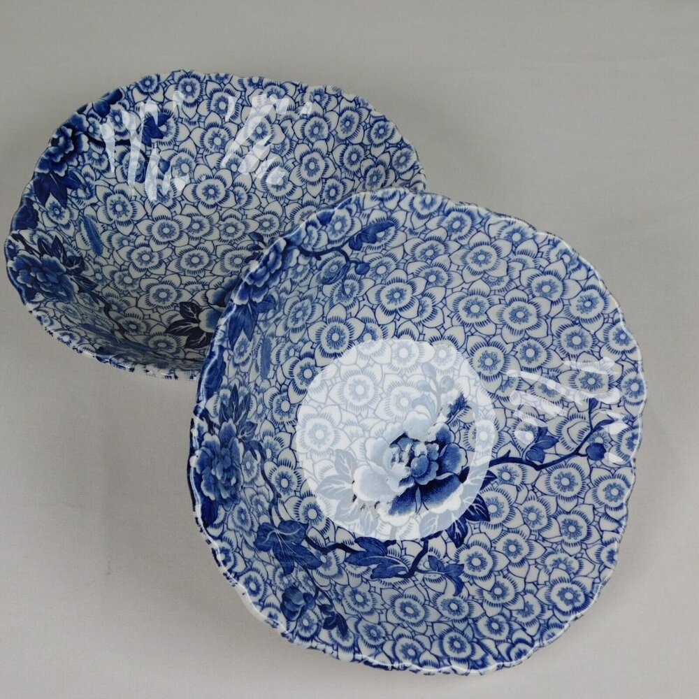 Lot Of 2 Johnson Brothers Fine China Lotus Blue Square Cereal Bowl 6" Vintage